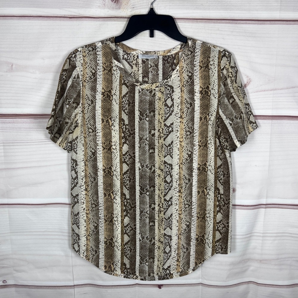 Equipment Top Womens S Brown Snake Print Silk Short Sleeve Blouse Office Wear